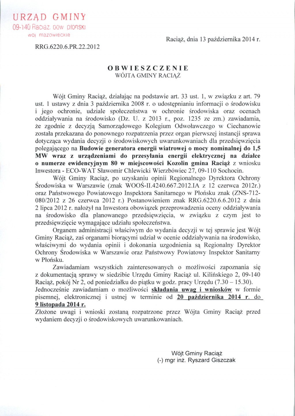 Obwieszczenie Wójta Gminy Raciąż