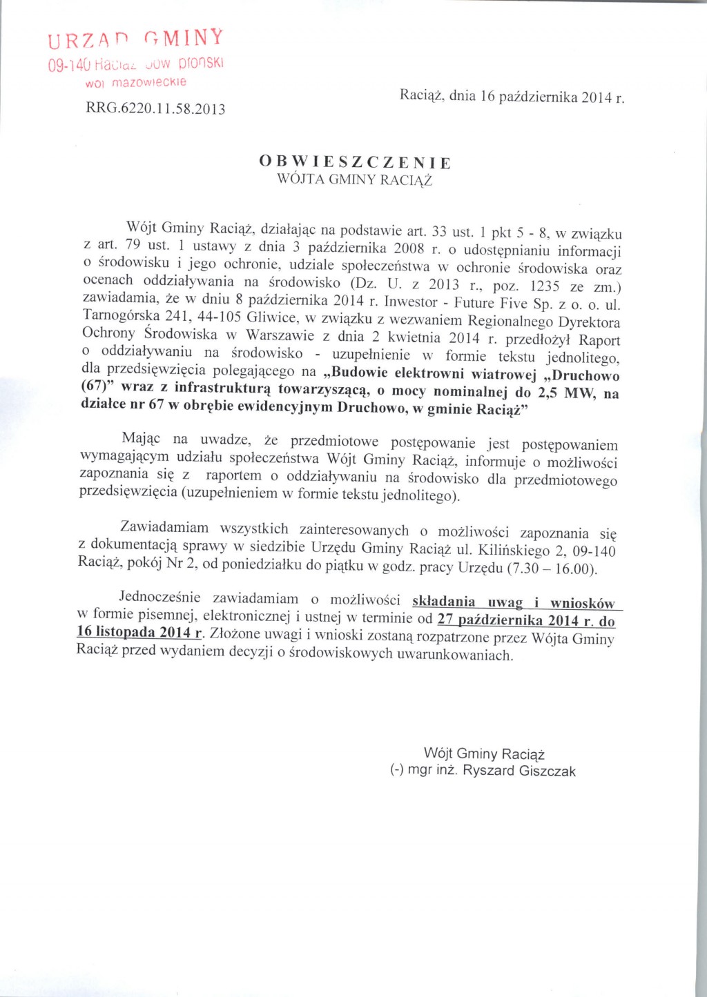 Obwieszczenie Wójta Gminy Raciąż