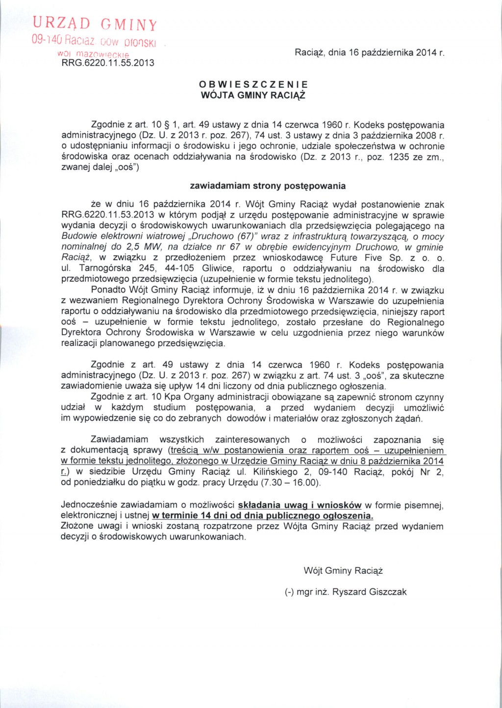 Obwieszczenie Wójta Gminy Raciąż