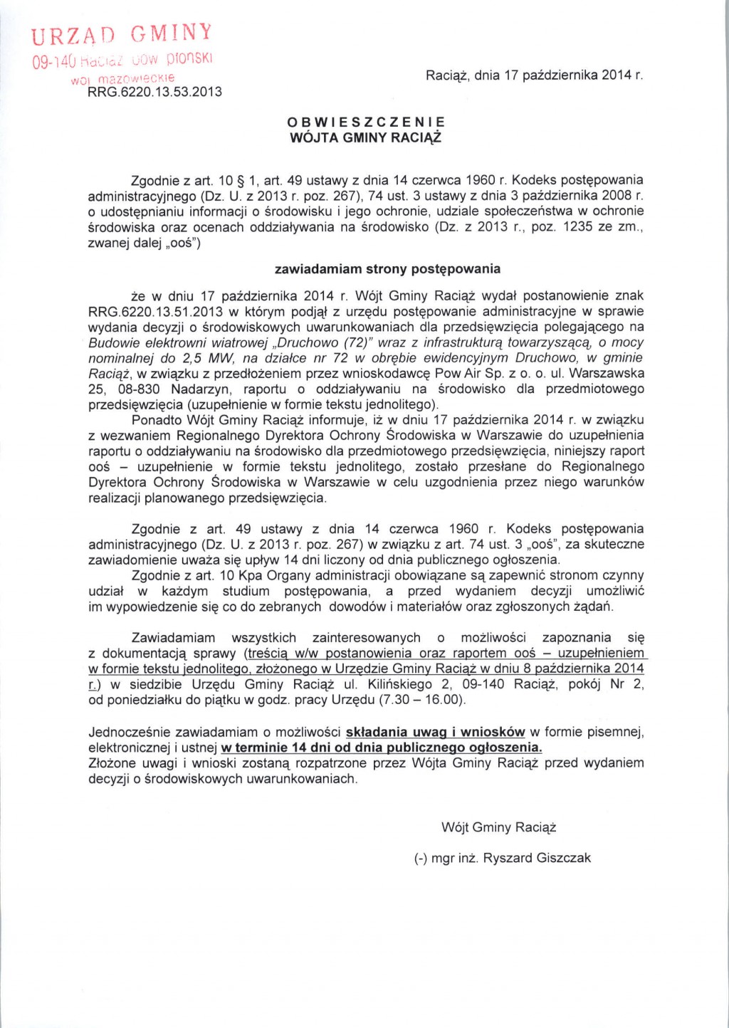 Obwieszczenie Wójta Gminy Raciąż