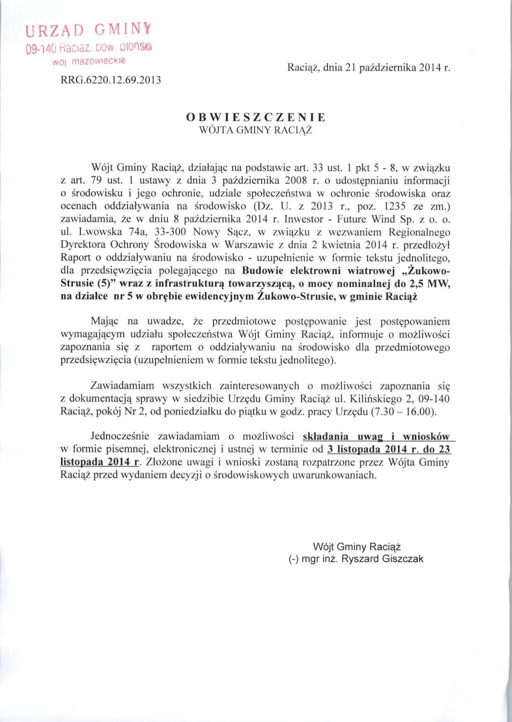 Obwieszczenie Wójta Gminy Raciąż