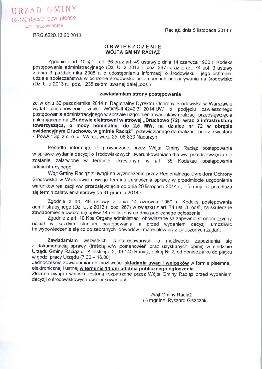 Obwieszczenie Wójta Gminy Raciąż