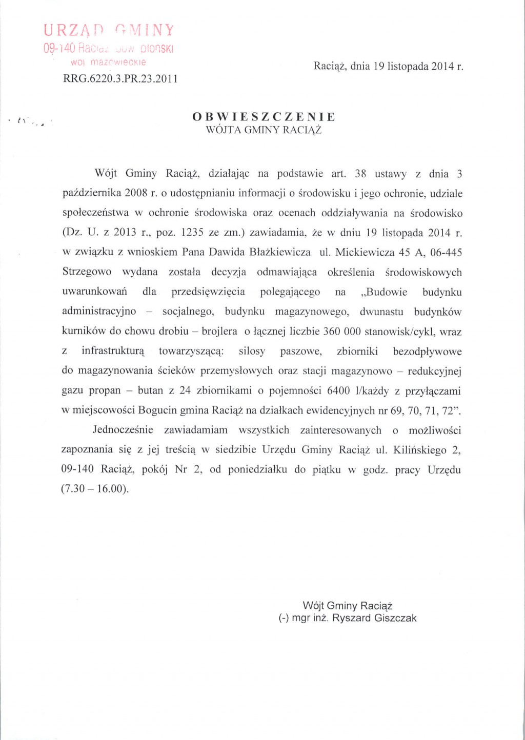 Obwieszczenie Wójta Gminy Raciąż