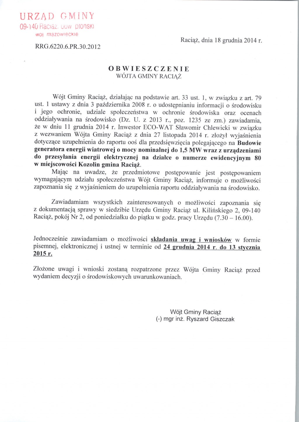 Obwieszczenie Wójta Gminy Raciąż