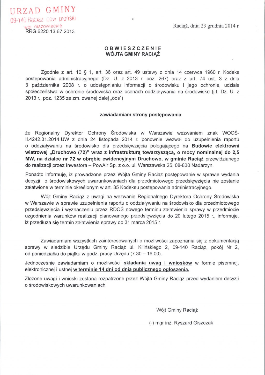 Obwieszczenie Wójta Gminy Raciąż