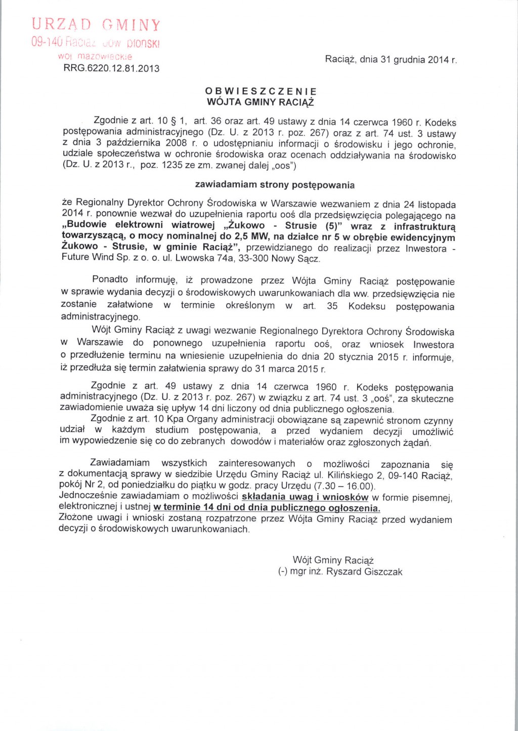 Obwieszczenie Wójta Gminy Raciąż