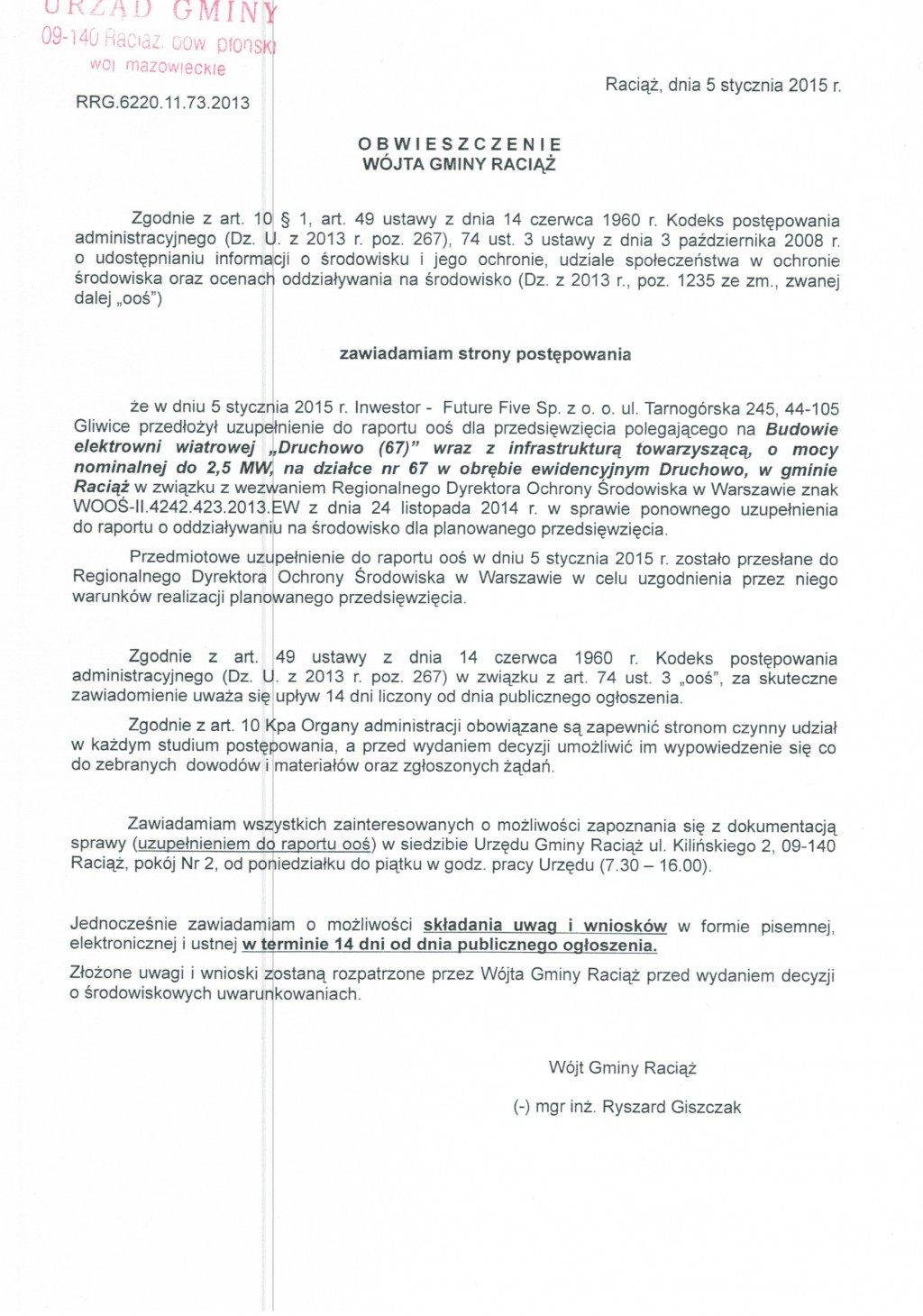 Obwieszczenie Wójta Gminy Raciąż