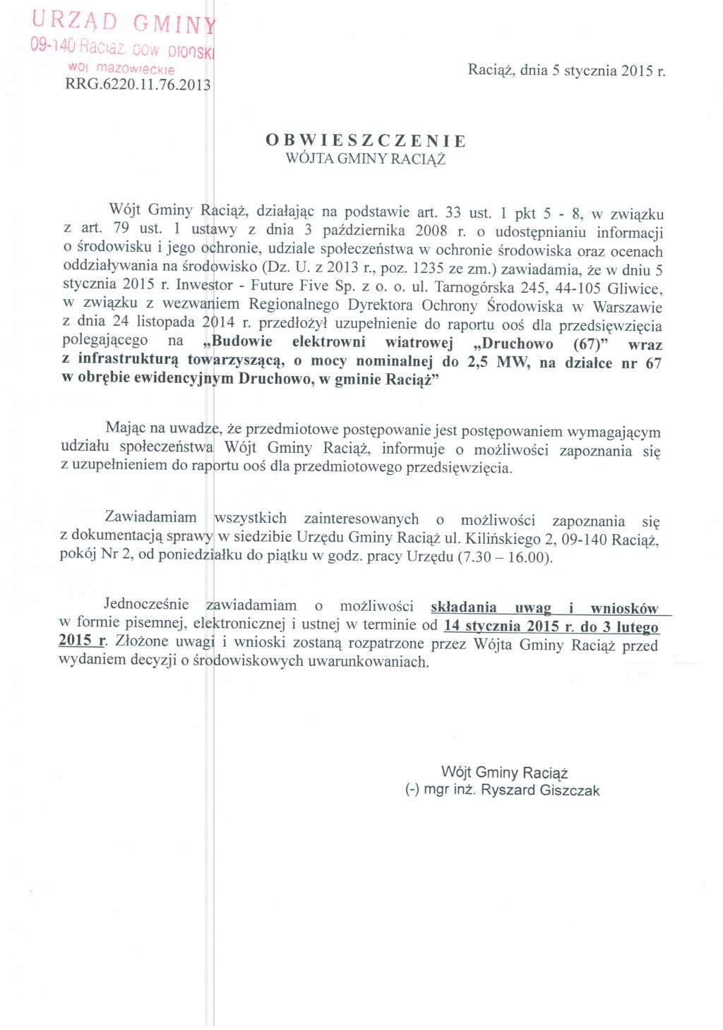 Obwieszczenie Wójta Gminy Raciąż