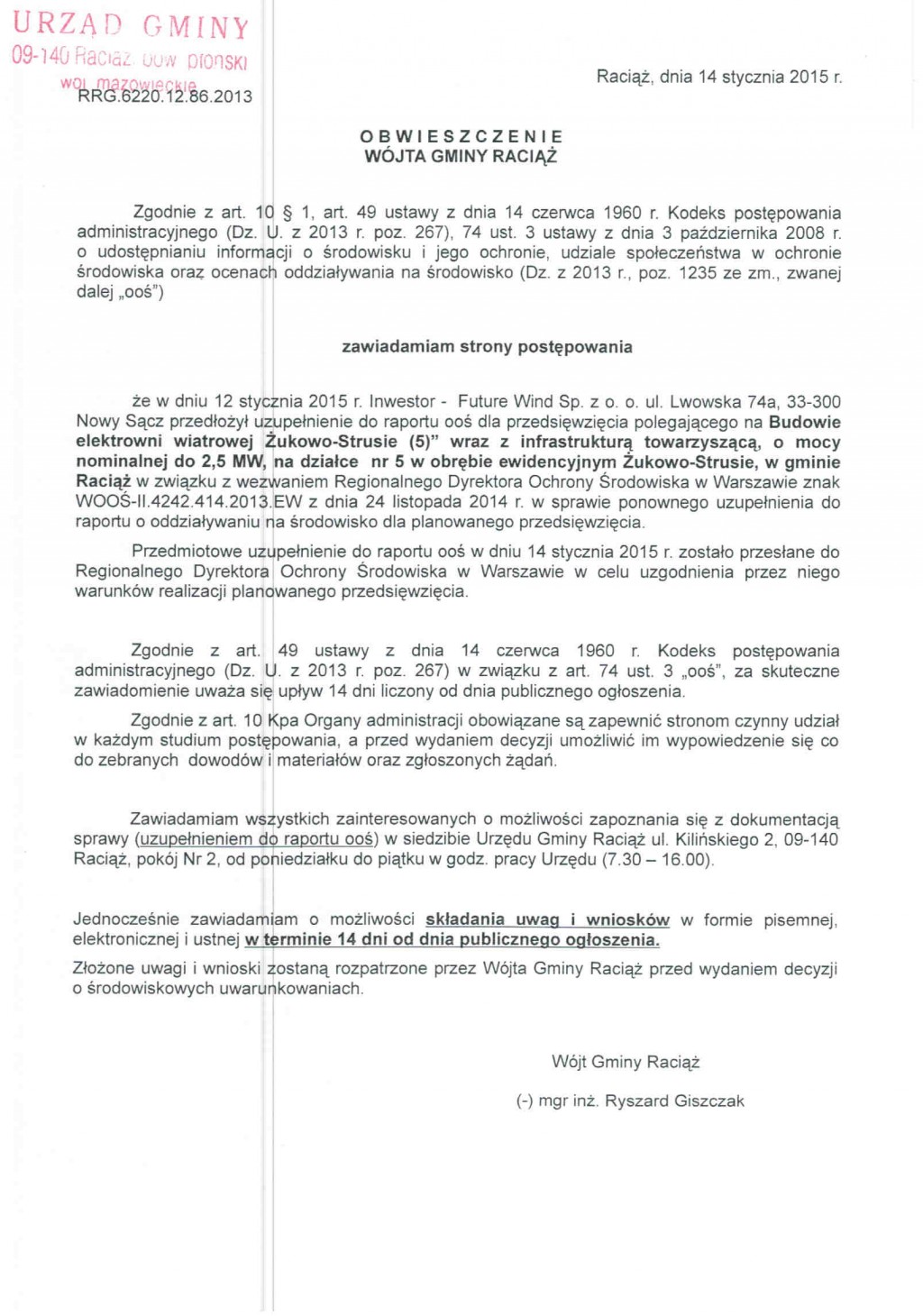 Obwieszczenie Wójta Gminy Raciąż