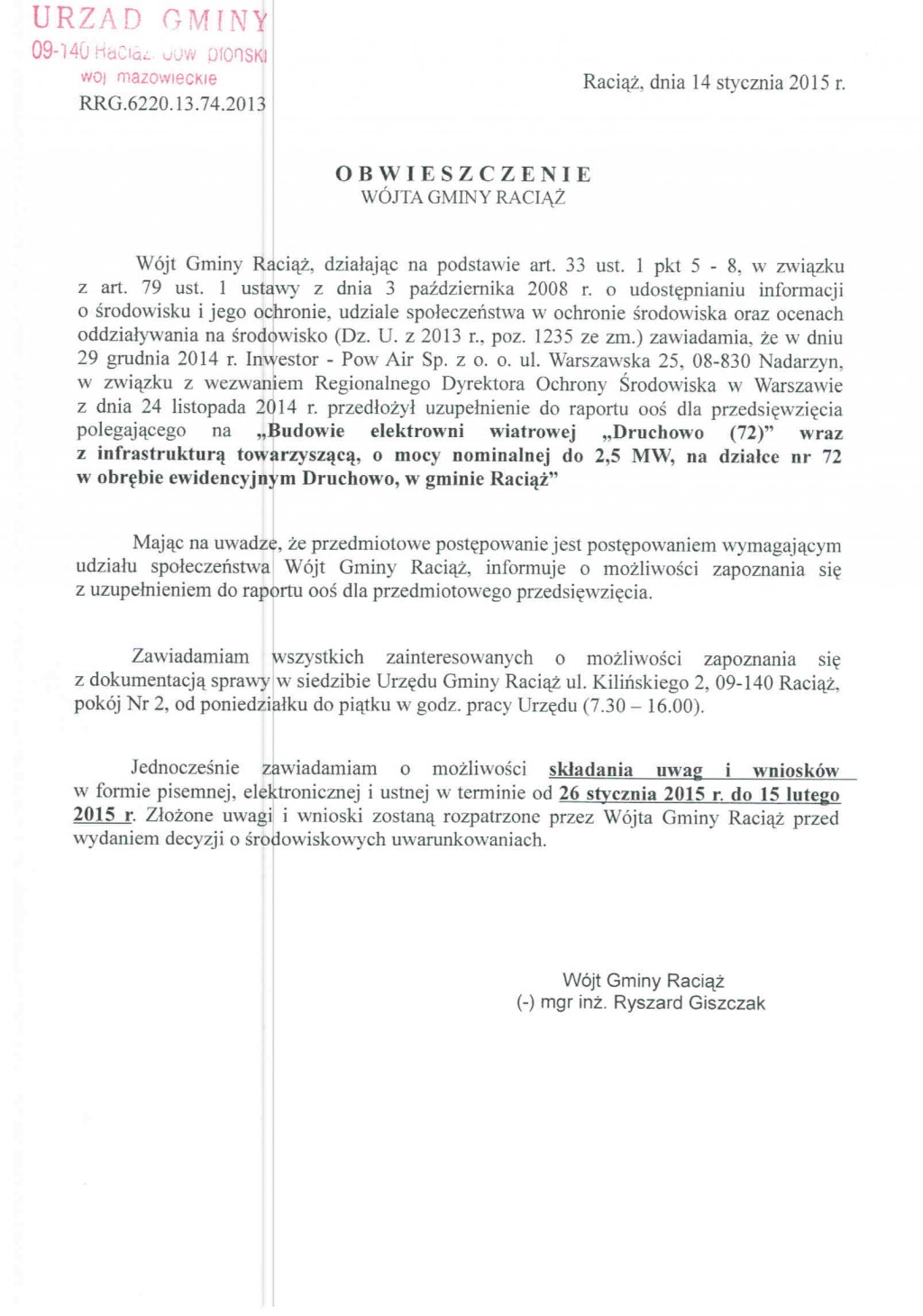 Obwieszczenie Wójta Gminy Raciąż