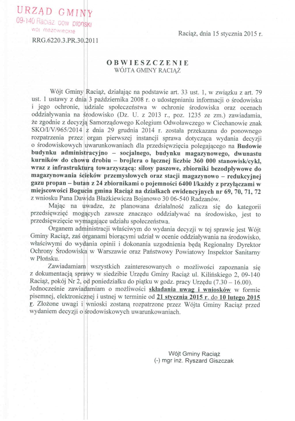 Obwieszczenie Wójta Gminy Raciąż