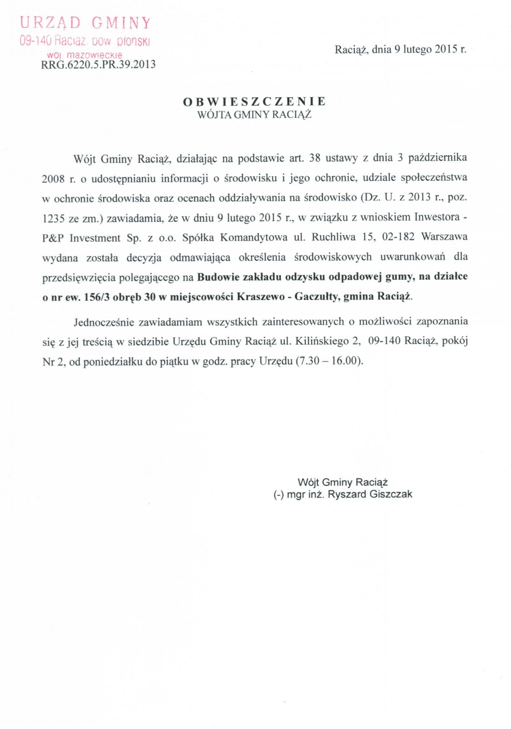 Obwieszczenie Wójta Gminy Raciąż