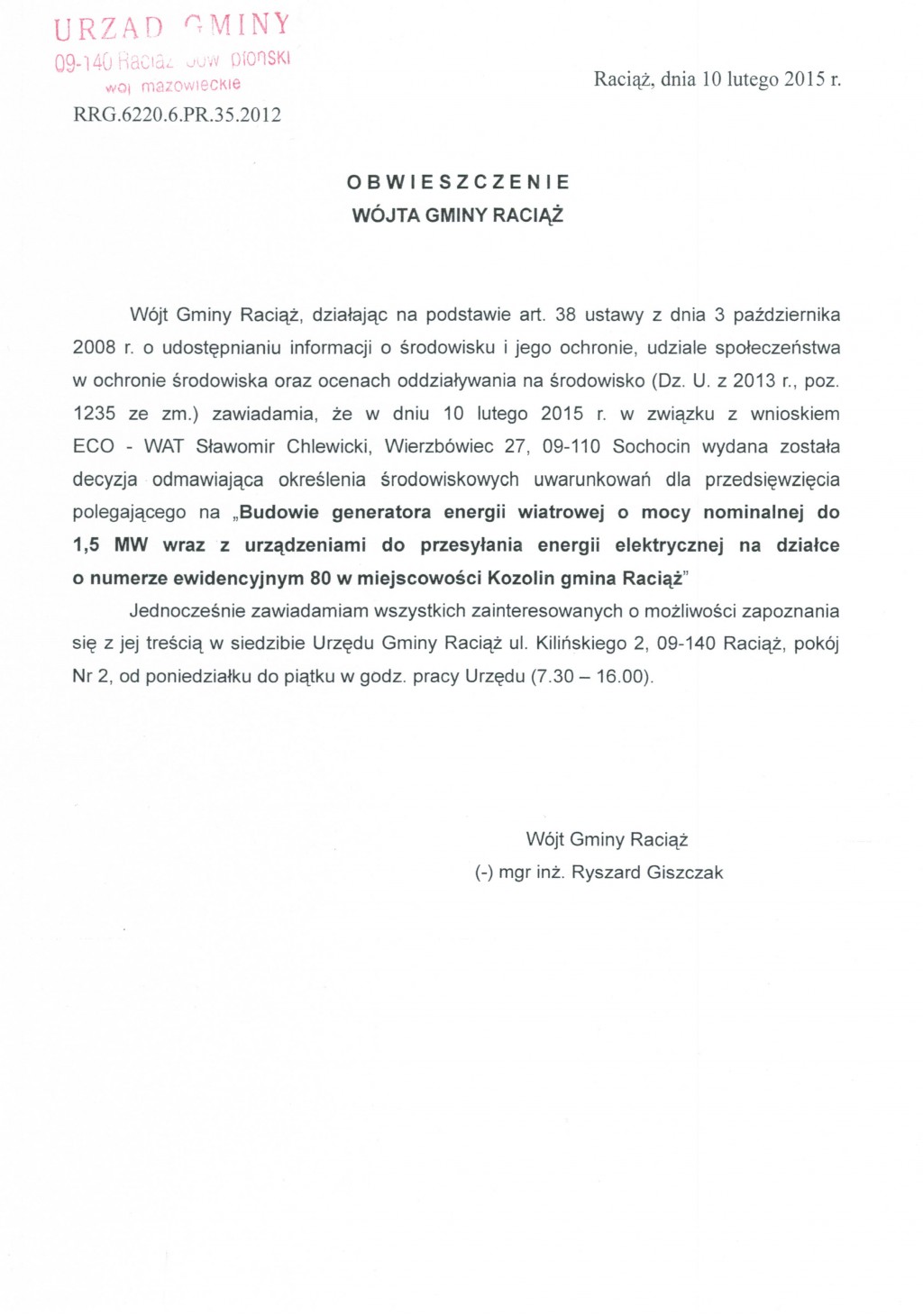 Obwieszczenie Wójta Gminy Raciąż