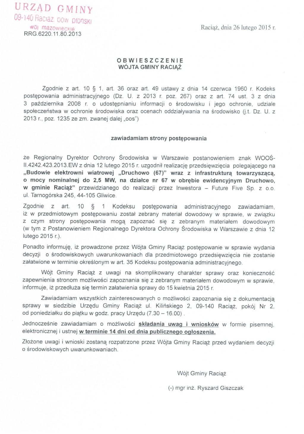 Obwieszczenie Wójta Gminy Raciąż