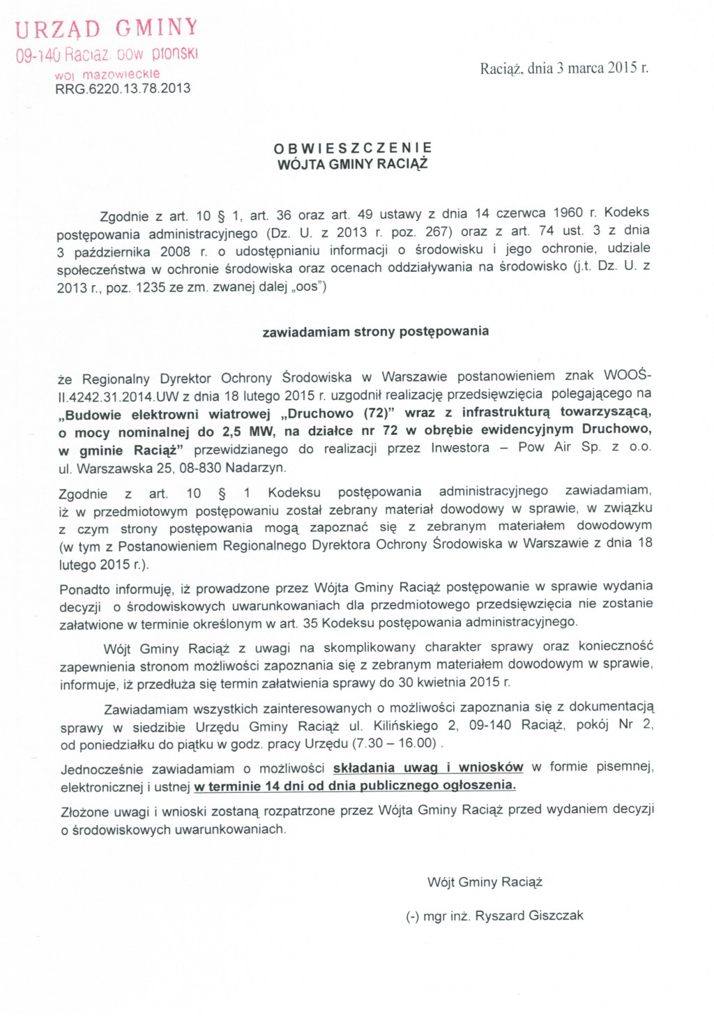 Obwieszczenie Wójta Gminy Raciąż