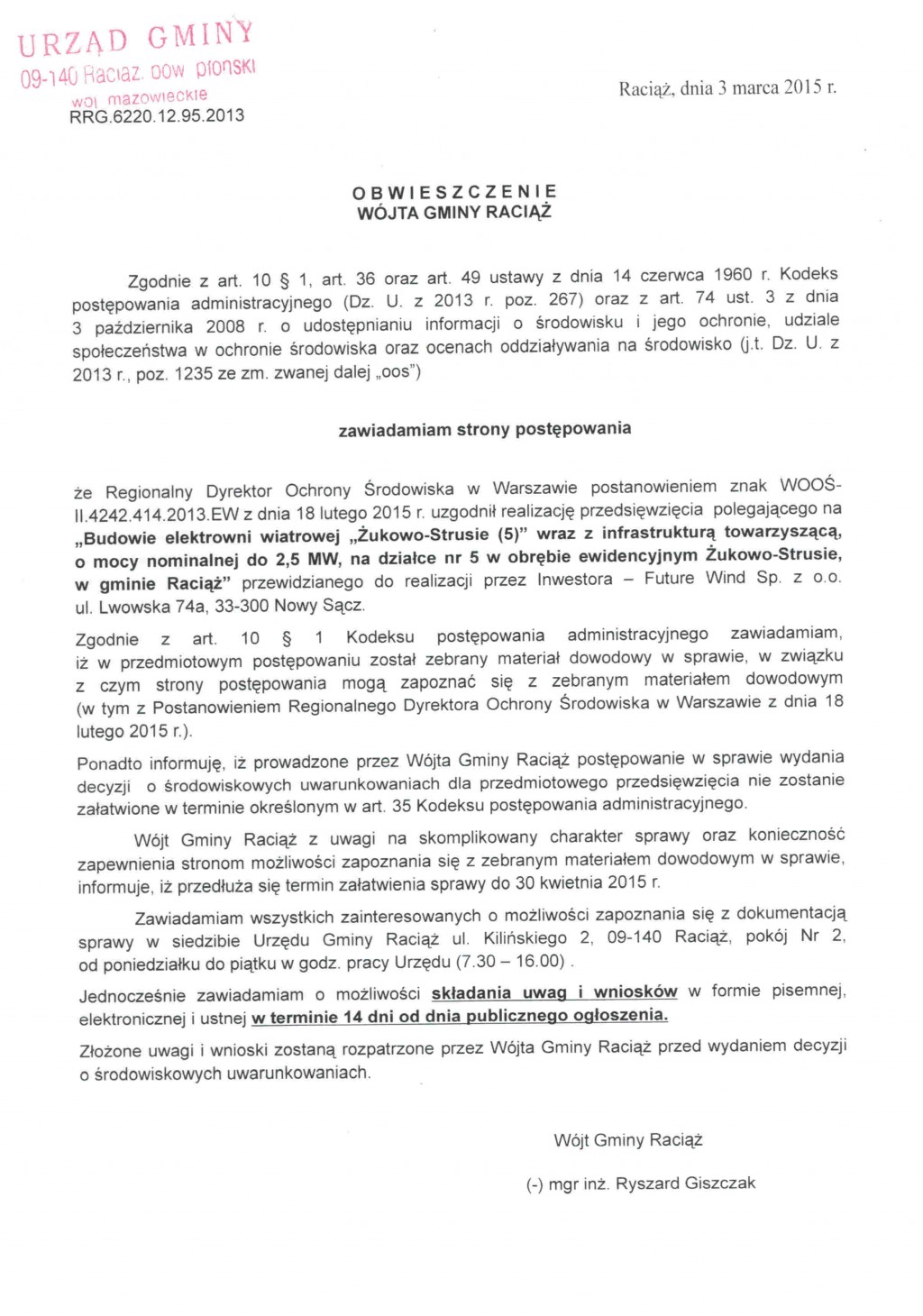 Obwieszczenie Wójta Gminy Raciąż