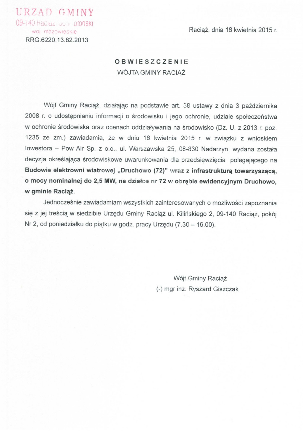 Obwieszczenie Wójta Gminy Raciąż