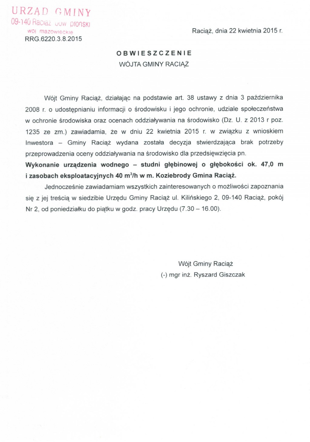 Obwieszczenie Wójta Gminy Raciąż