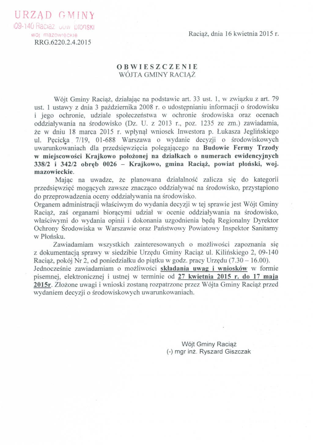 Obwieszczenie Wójta Gminy Raciąż