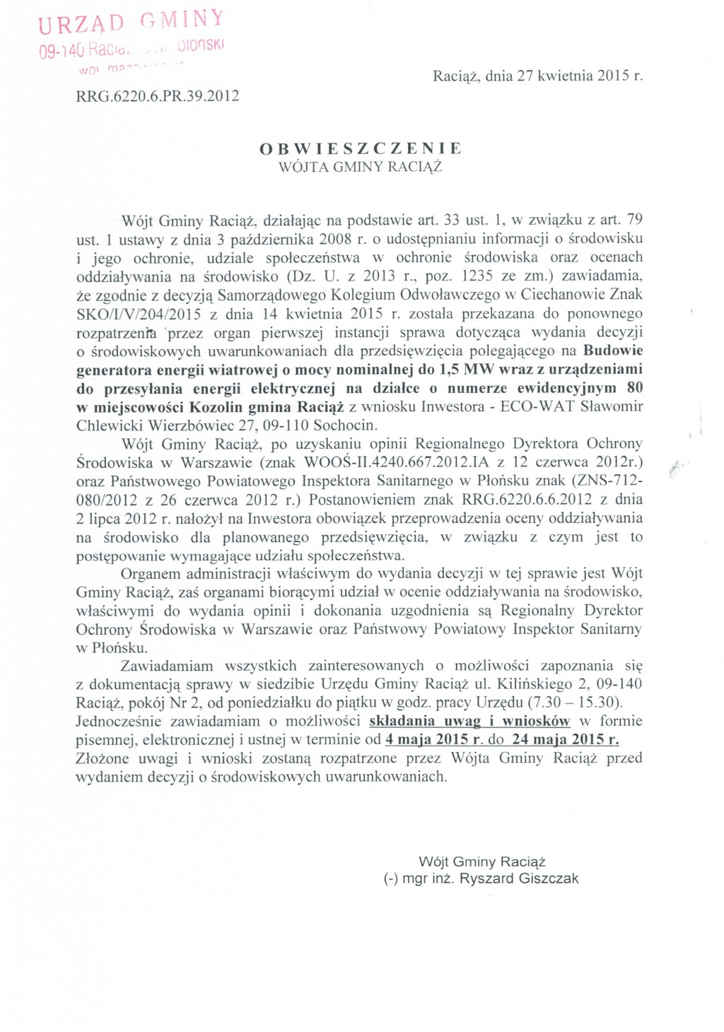 Obwieszczenie Wójta Gminy Raciąż