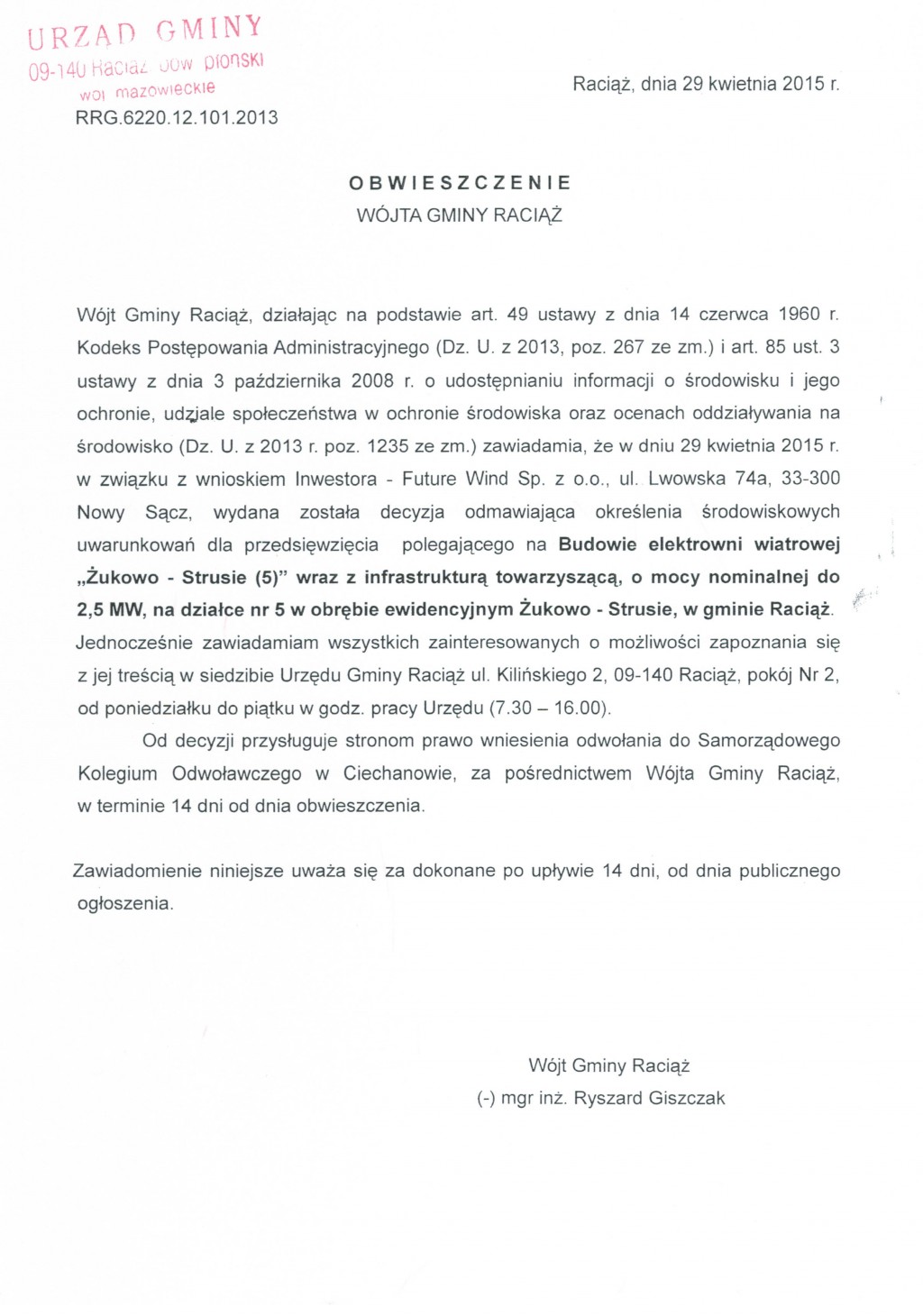 Obwieszczenie Wójta Gminy Raciąż