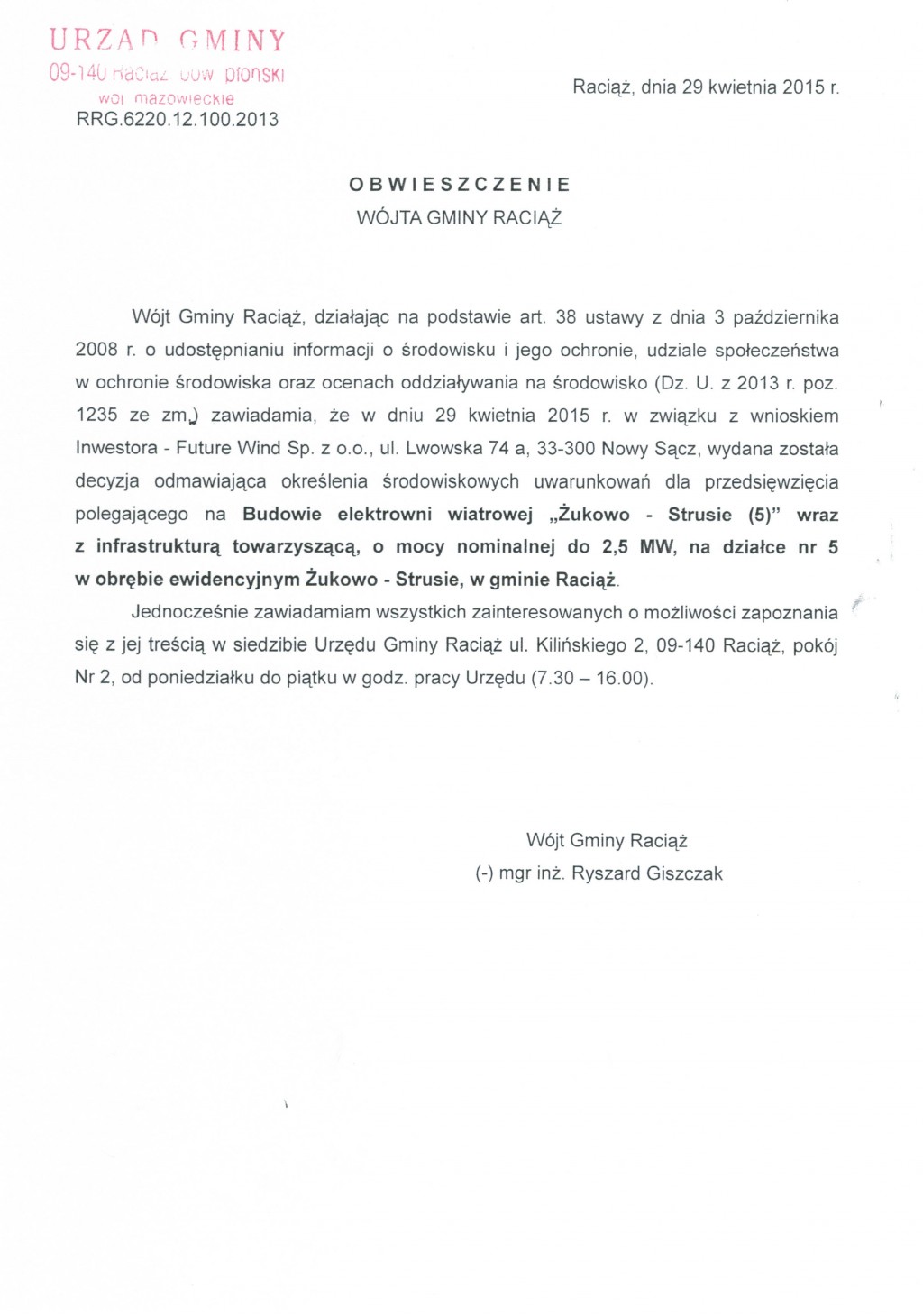 Obwieszczenie Wójta Gminy Raciąż