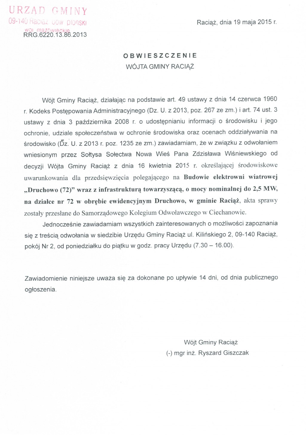 Obwieszczenie Wójta Gminy Raciąż