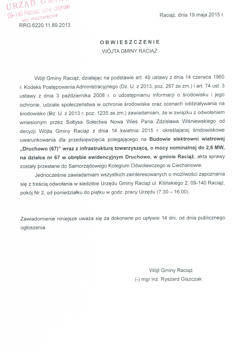 Obwieszczenie Wójta Gminy Raciąż