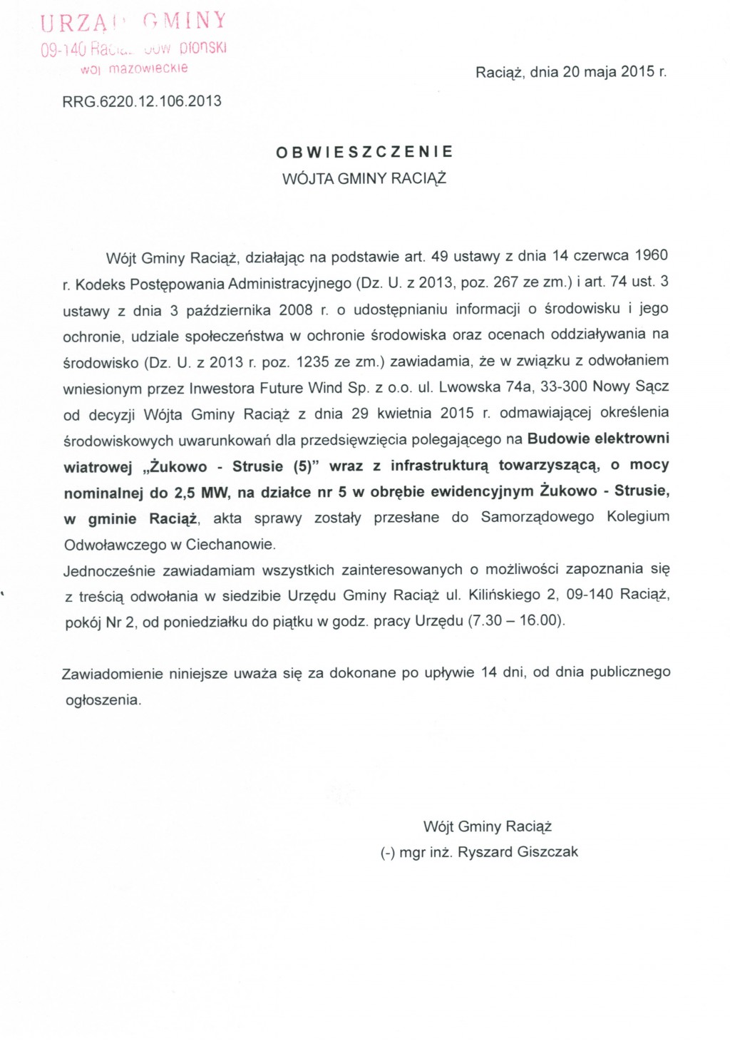 Obwieszczenie Wójta Gminy Raciąż