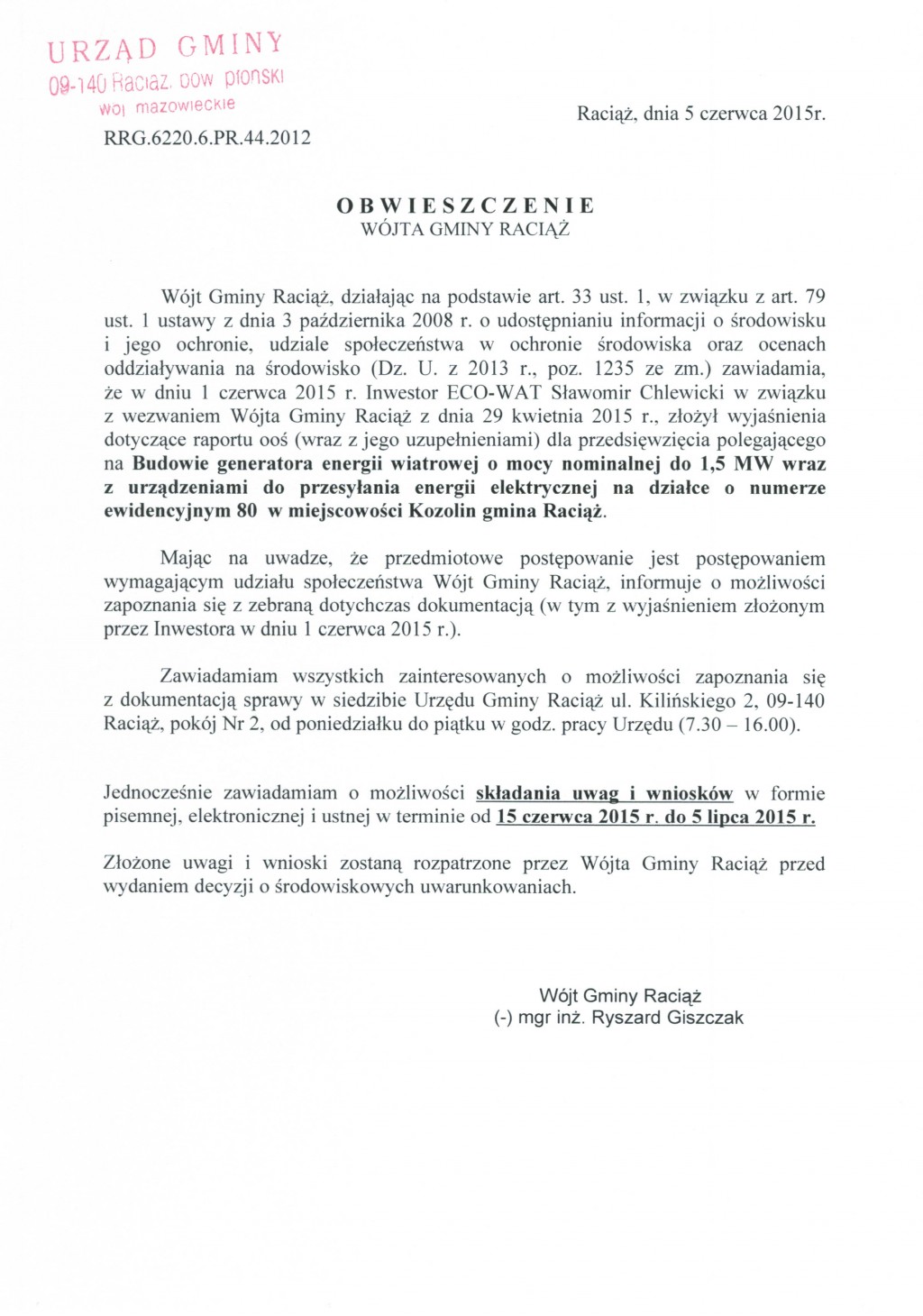 Obwieszczenie Wójta Gminy Raciąż