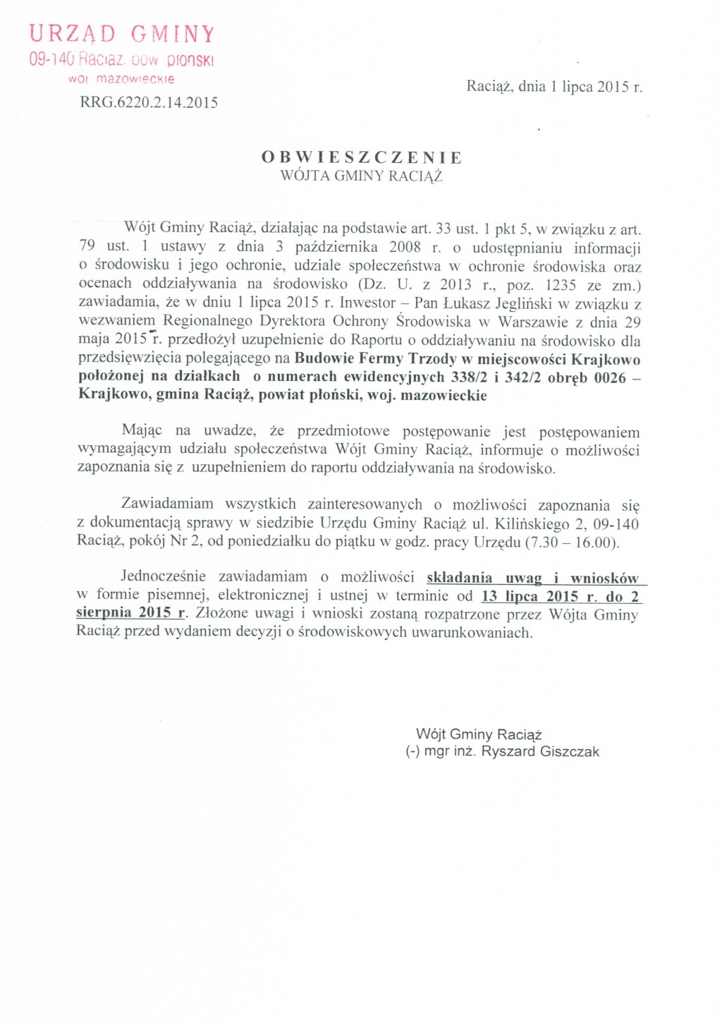Obwieszczenie Wójta Gminy Raciąż