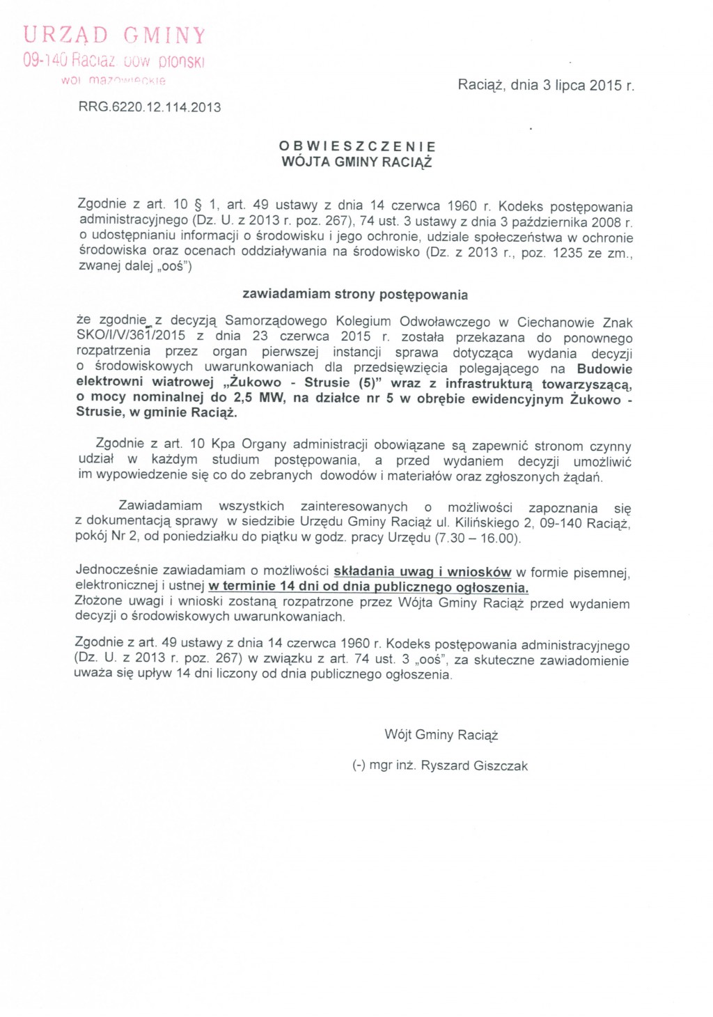 Obwieszczenie Wójta Gminy Raciąż