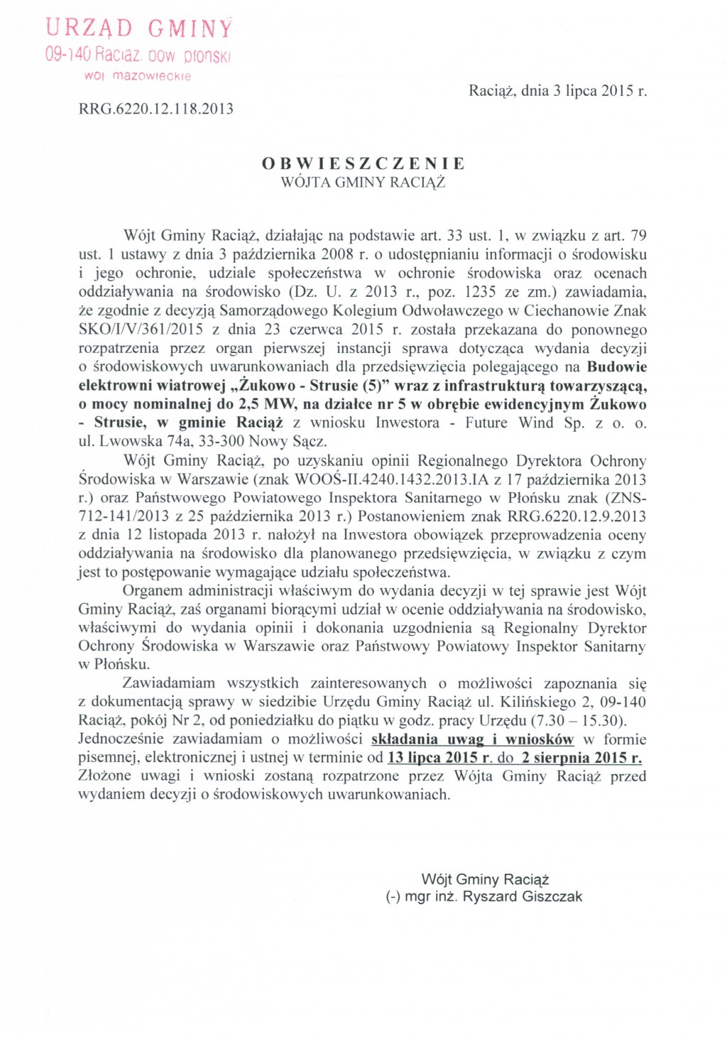 Obwieszczenie Wójta Gminy Raciąż