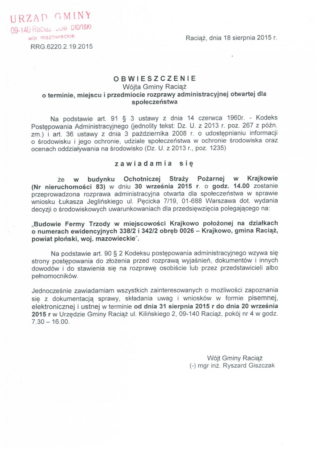 Obwieszczenie Wójta Gminy Raciąż