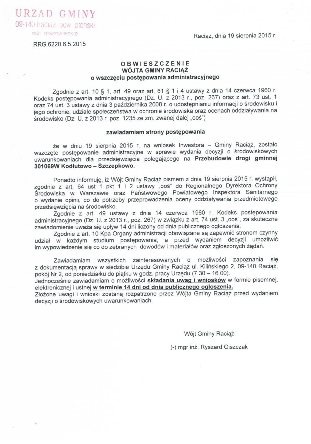 Obwieszczenie Wójta Gminy Raciąż