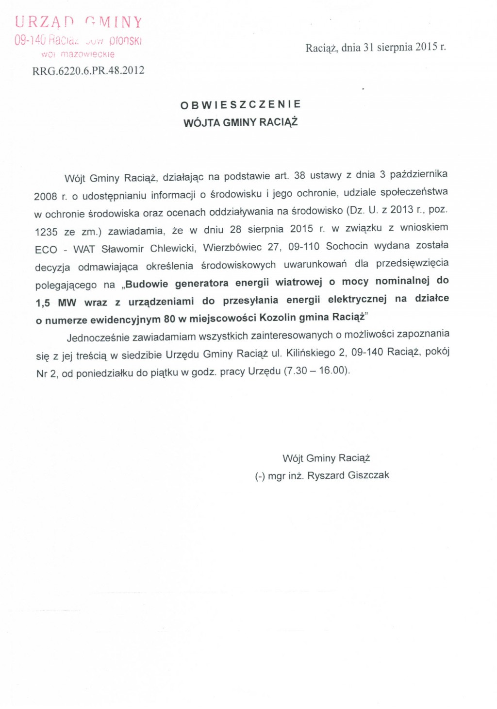 Obwieszczenie Wójta Gminy Raciąż