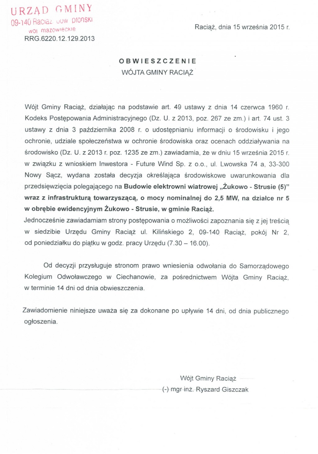 Obwieszczenie Wójta Gminy Raciąż