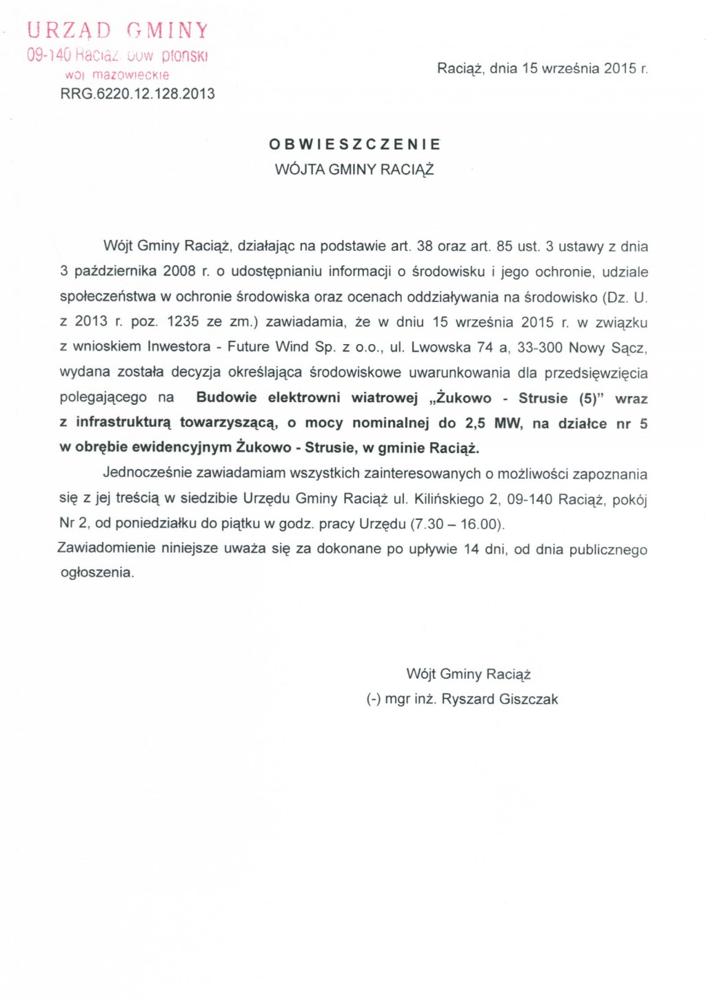 Obwieszczenie Wójta Gminy Raciąż