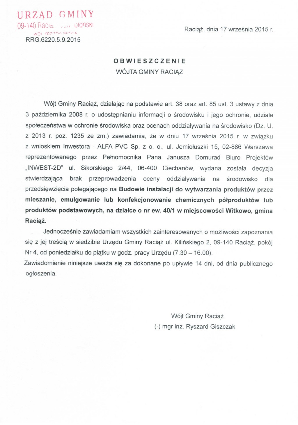 Obwieszczenie Wójta Gminy Raciąż