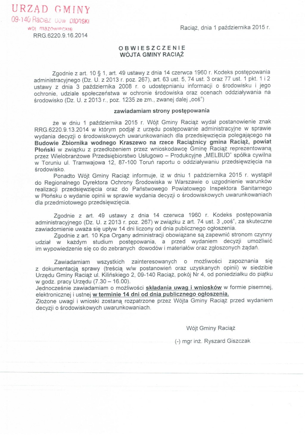 Obwieszczenie Wójta Gminy Raciąż