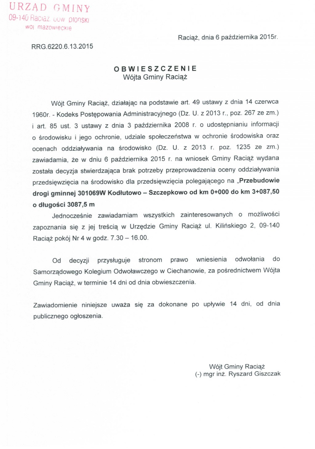 Obwieszczenie Wójta Gminy Raciąż