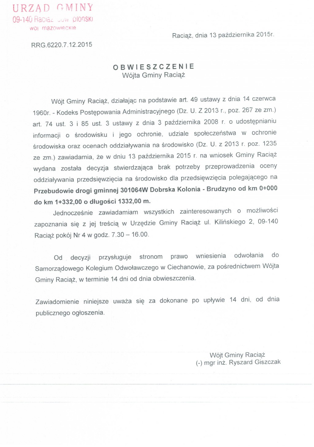 Obwieszczenie Wójta Gminy Raciąż