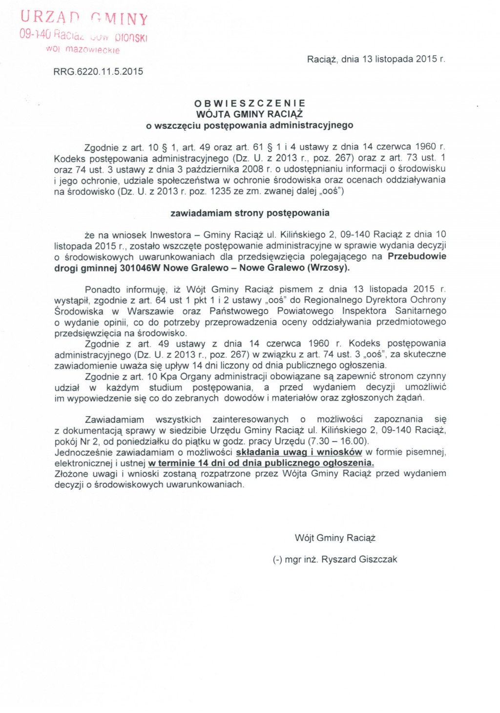Obwieszczenie Wójta Gminy Raciąż