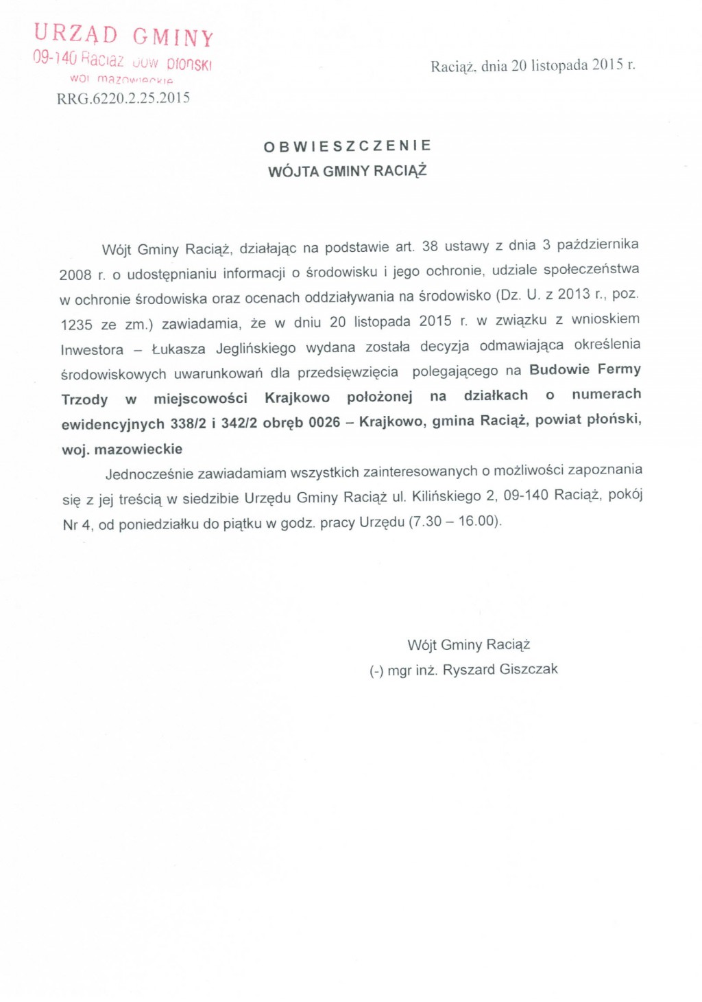 Obwieszczenie Wójta Gminy Raciąż