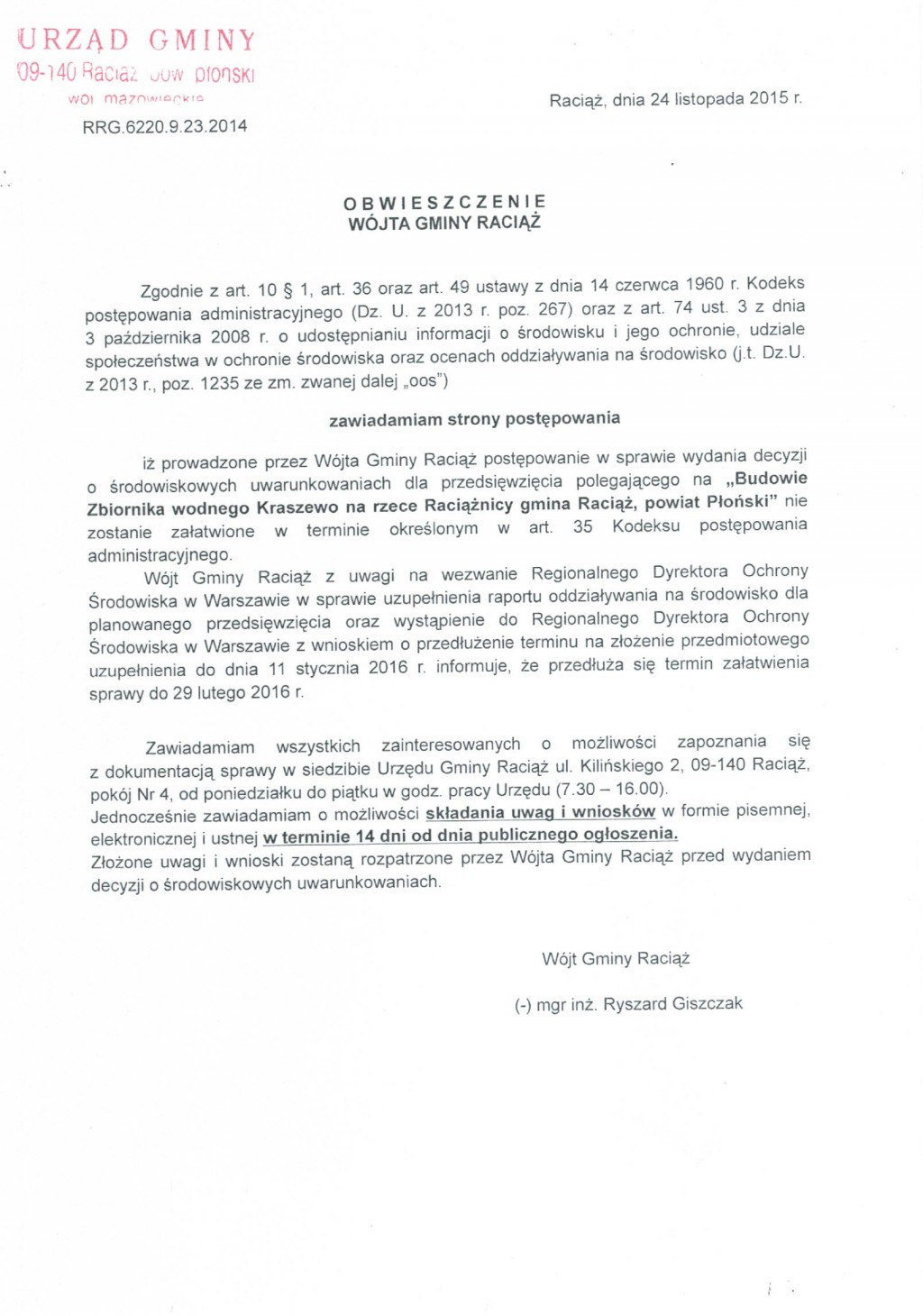 Obwieszczenie Wójta Gminy Raciąż