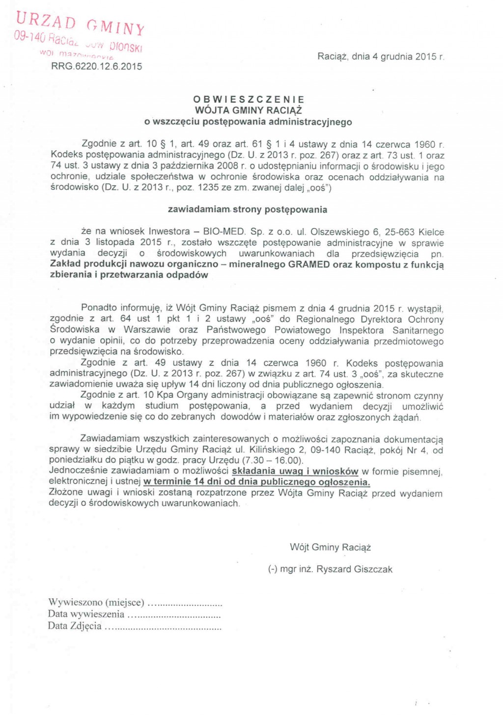Obwieszczenie Wójta Gminy Raciąż
