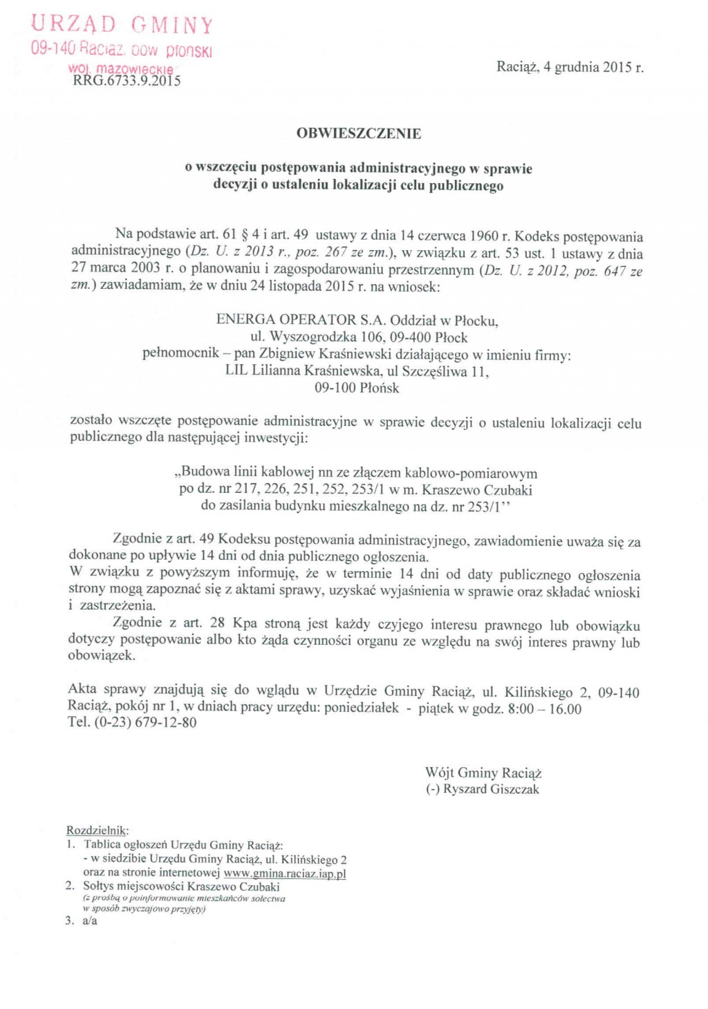 Obwieszczenie lokalizacja celu publicznego