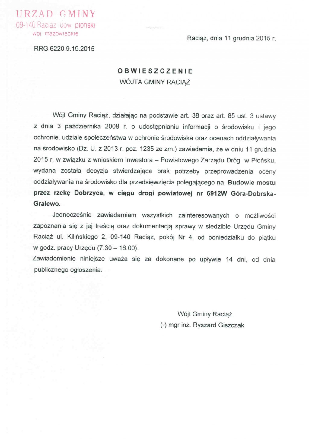 Obwieszczenie Wójta Gminy Raciąż
