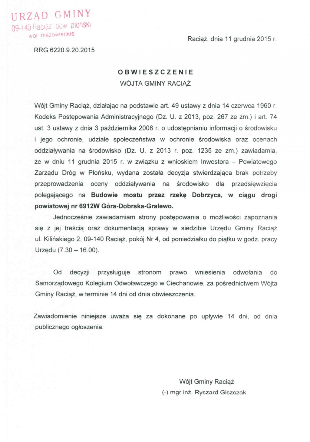 Obwieszczenie Wójta Gminy Raciąż