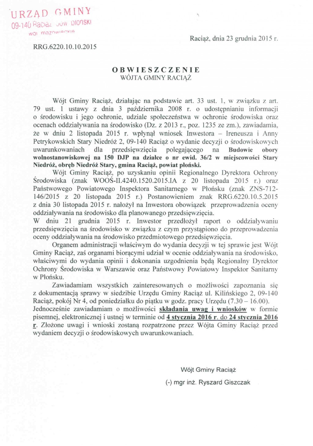 Obwieszczenie Wójta Gminy Raciąż